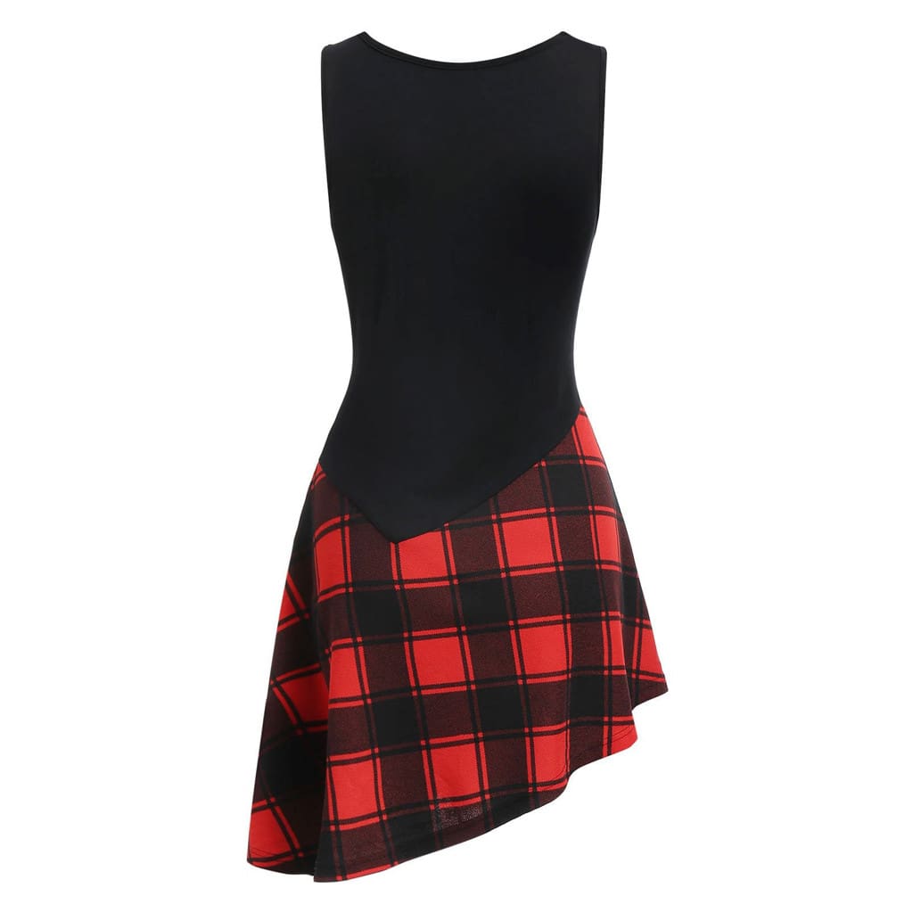 Women Lace Up Tartan Checked Plaid Print Asymmetrical Dress