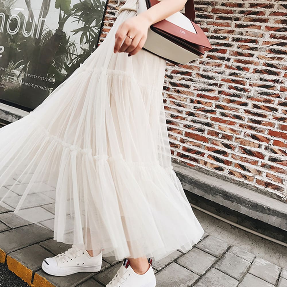 Summer Women Elastic Mesh Tulle Pleated Skirt Ladies Casual Holiday A ...