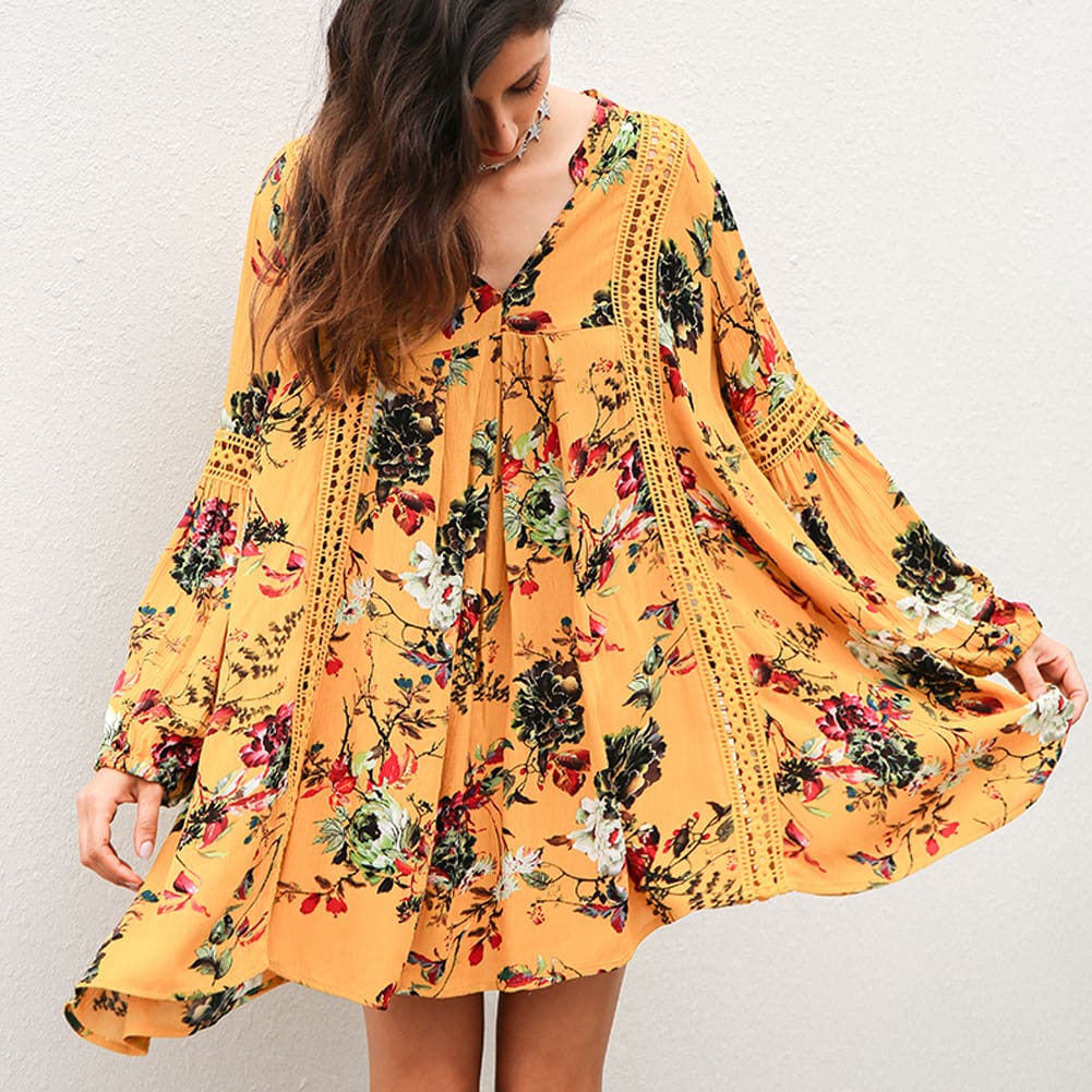 Women Long Sleeve Boho Floral Party Swimwear Bikini Summer Beach Wear Cover Up Dress Casual Loose Mini Sundress