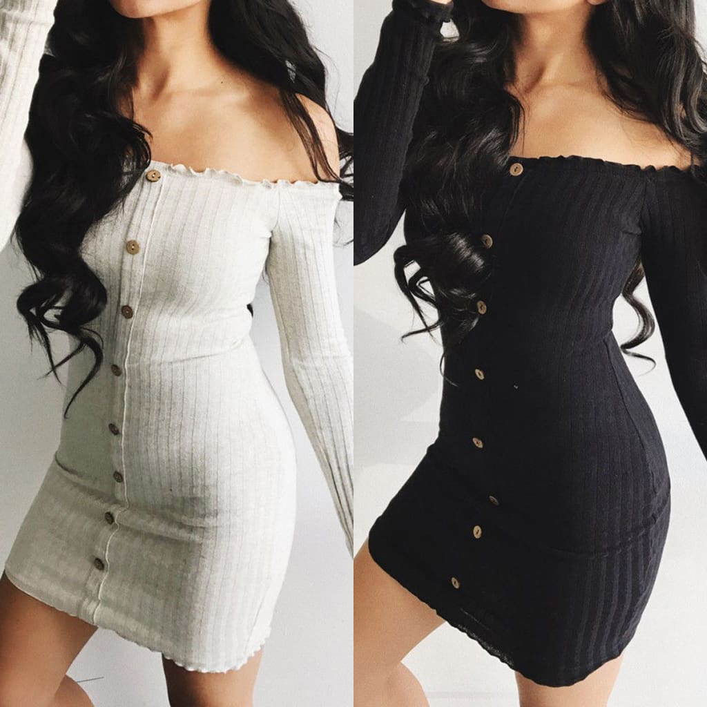 Women Off Shoulder Stretchy Package Hip Bodycon Dress Ladies Summer Long Sleeve Bodycon Casual Slim Dress Sundress