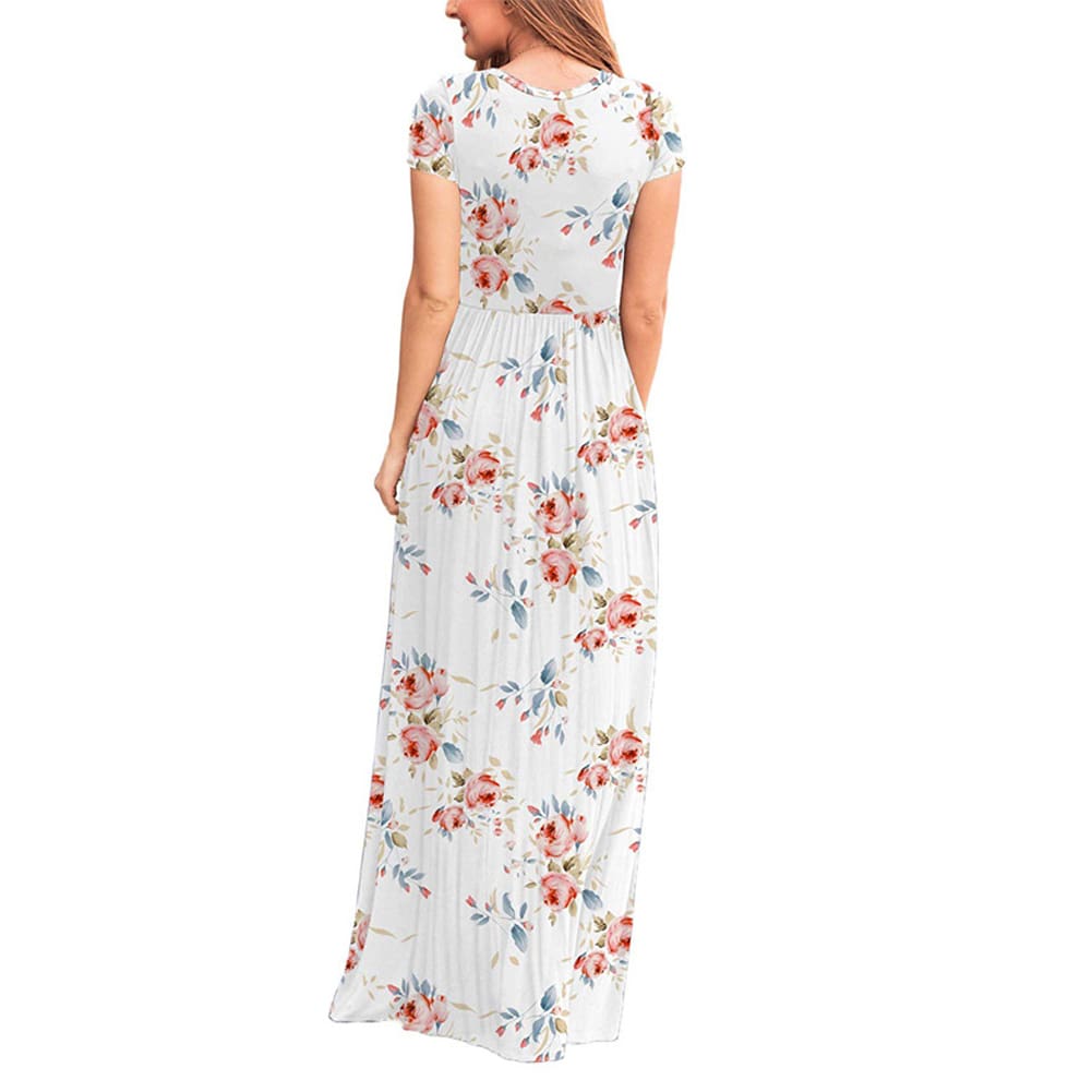 Summer Short Sleeve Long Dress Floral Print Boho Beach Dress Tunic Maxi Dress