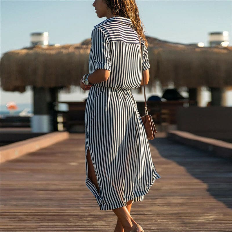 New Spring Womens arrival Stripe T-Shirt High waist Casual Beach style Loose Shirt Long Dress