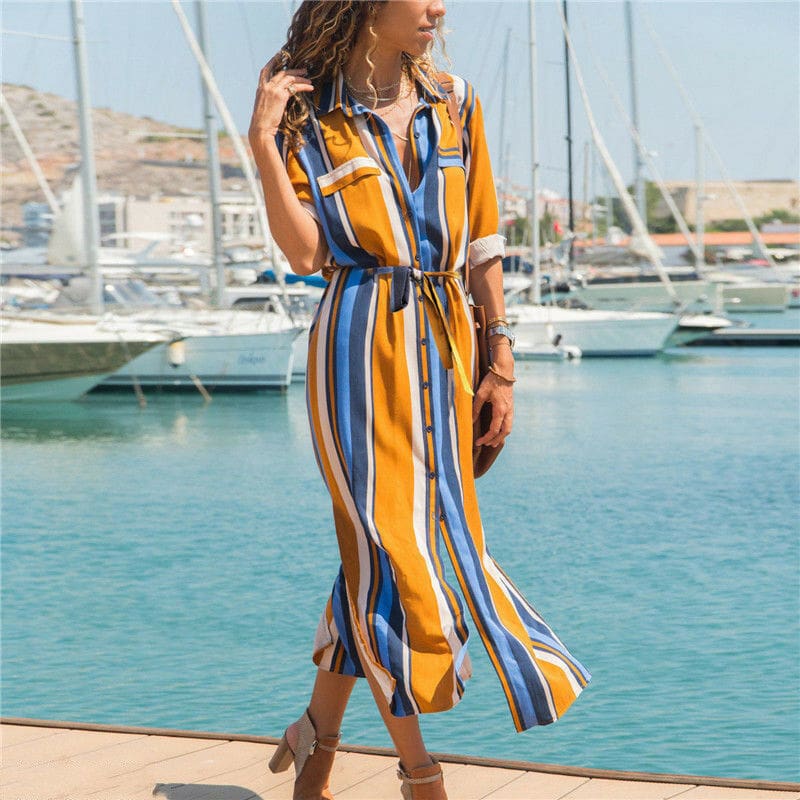 New Spring Womens arrival Stripe T-Shirt High waist Casual Beach style Loose Shirt Long Dress