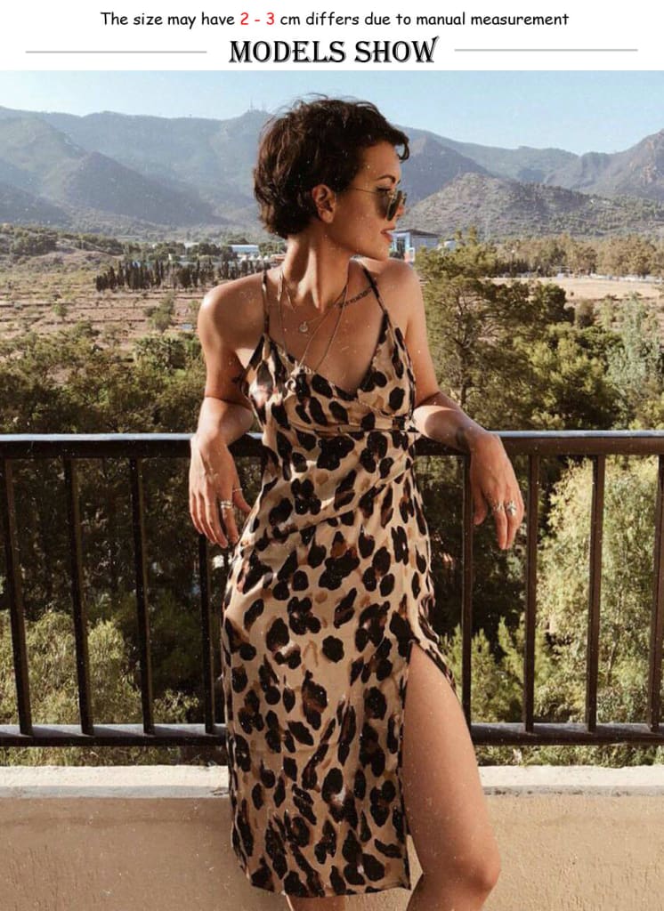 Women Holiday Strappy High Waist Leopard Print Summer Casual Sleeveless V-Neck Fashion Ladies Beach Side Split Sundress New