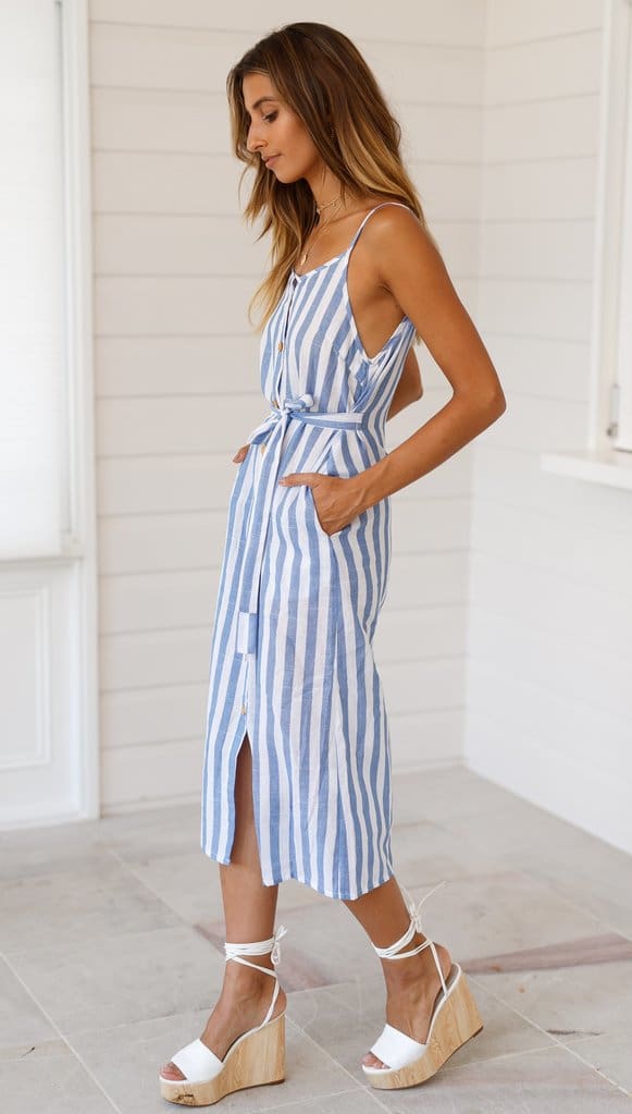 Women Holiday Strappy Button Stripe Dress New Fashion Summer Ladies Beach Casual Sleeveless High Waist Sun Dress Hot