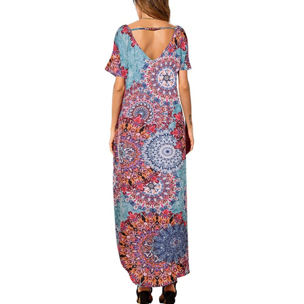 Womens Boho Pocket Long Maxi Dress Floral Cocktail Party Summer Beach Casual V Neck Split Loose Dress Sundress