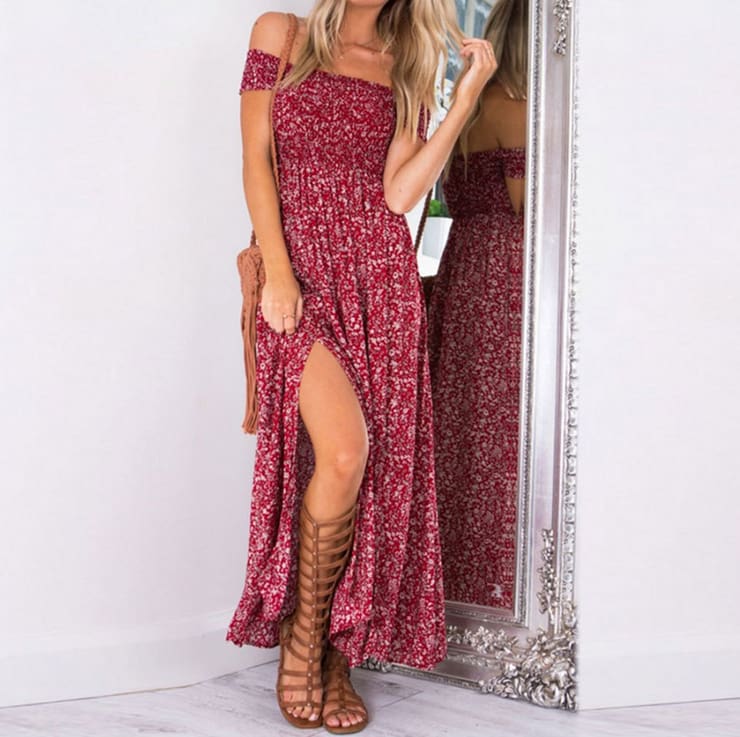 New Fashion Women Boho Off shoulder High Waist Short Sleeve Maxi Dress Ladeis Summer Floral Beach Casual Long Sundress