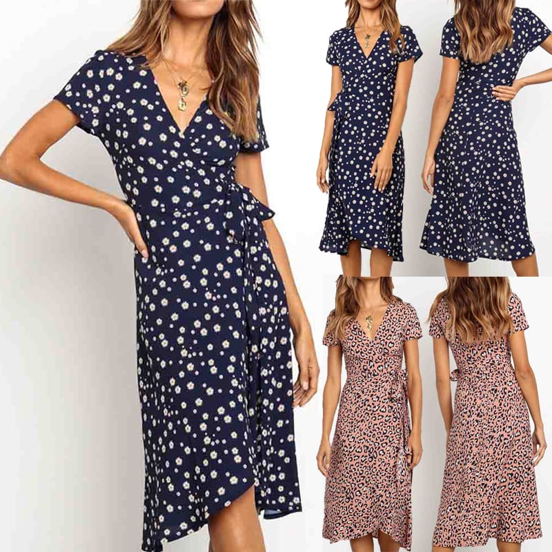 Women Boho Summer Short Sleeve High Waist Midi Dress Fashion Floral V-Neck Casual Party Beach Sundress Holiday