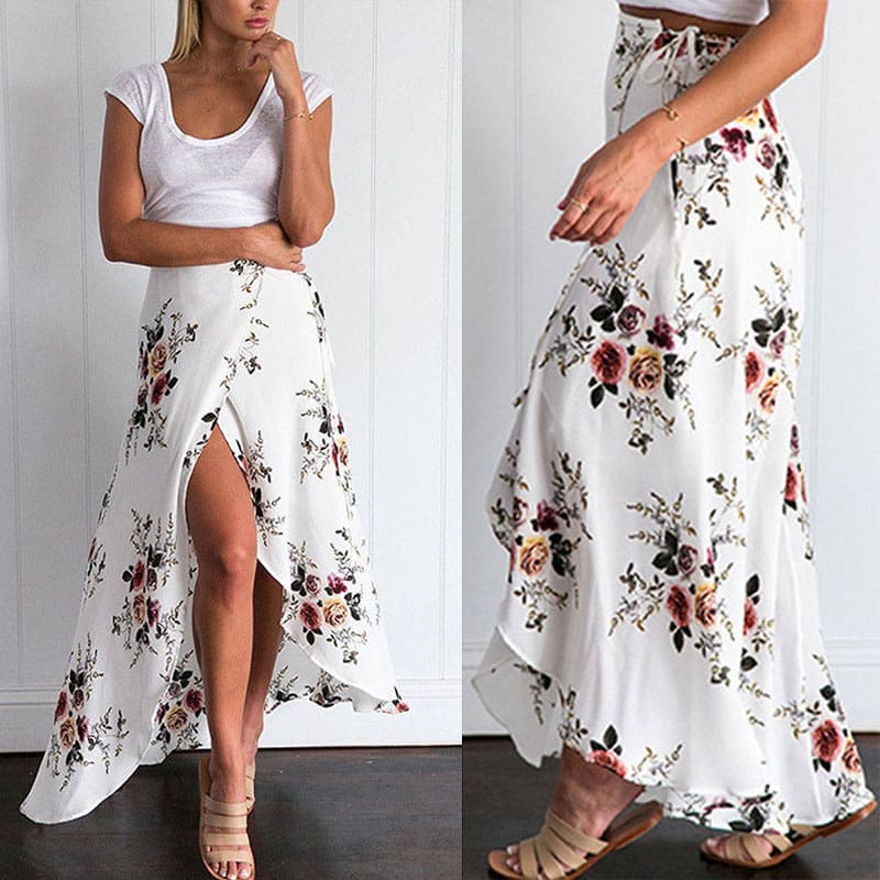 New Women Summer Hight Waist Maxi Skirt Ladies Fashion Pleated Beach Long Casual Boho Floral Skirt Sundress
