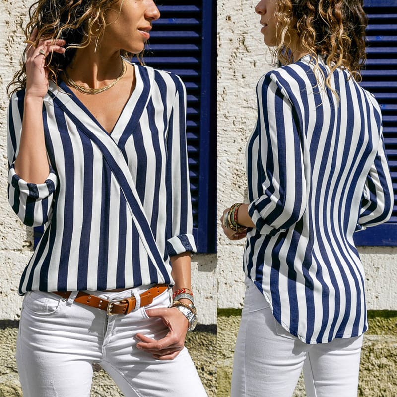 Hot Women Collar Striped Blouse Shirt Long Sleeve Blouse Fashion V-neck ...