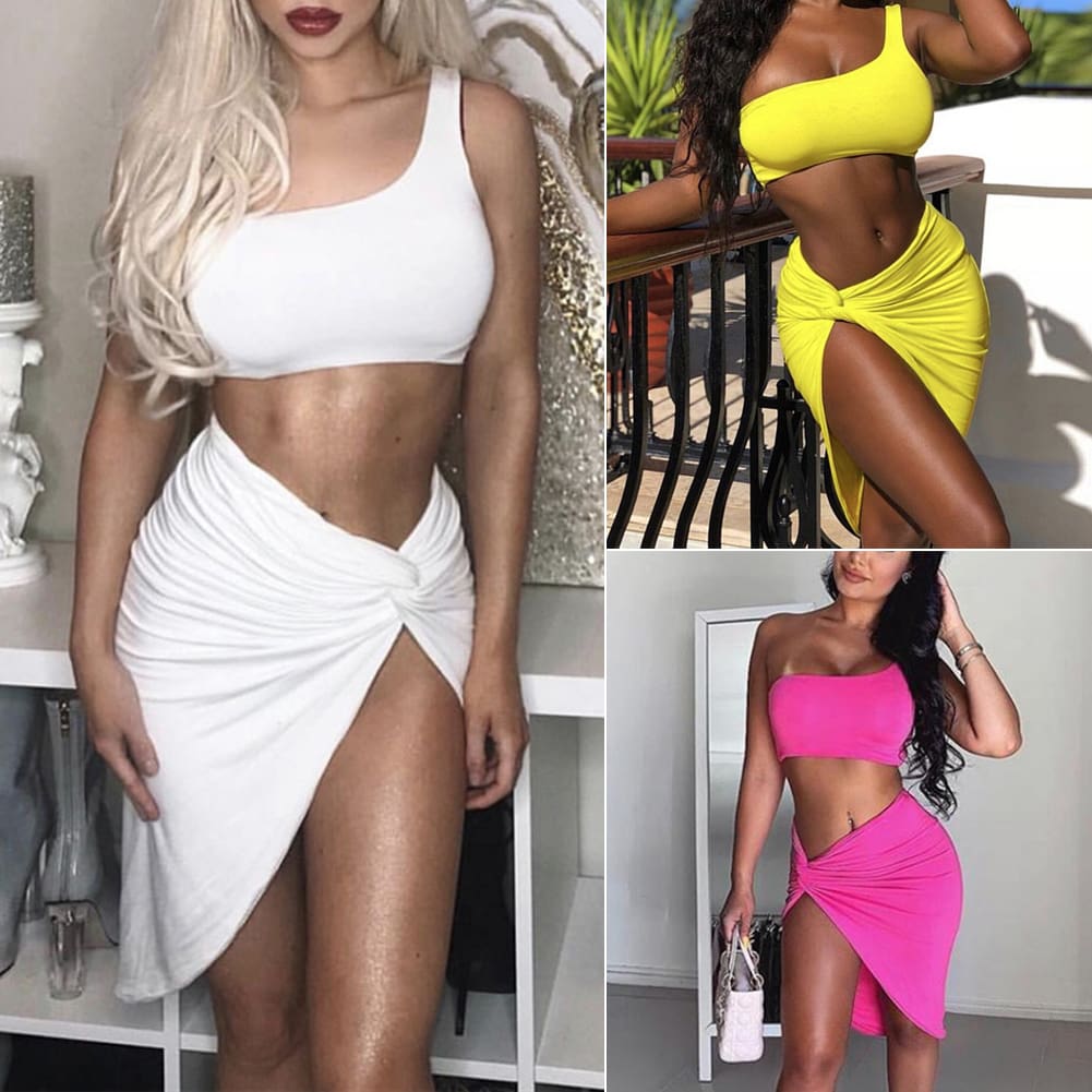 Women Piece Bodycon Two Piece Crop Top and Skirt Set Bandage Dress Club Party Dress Summer Beachwear Swimsuit