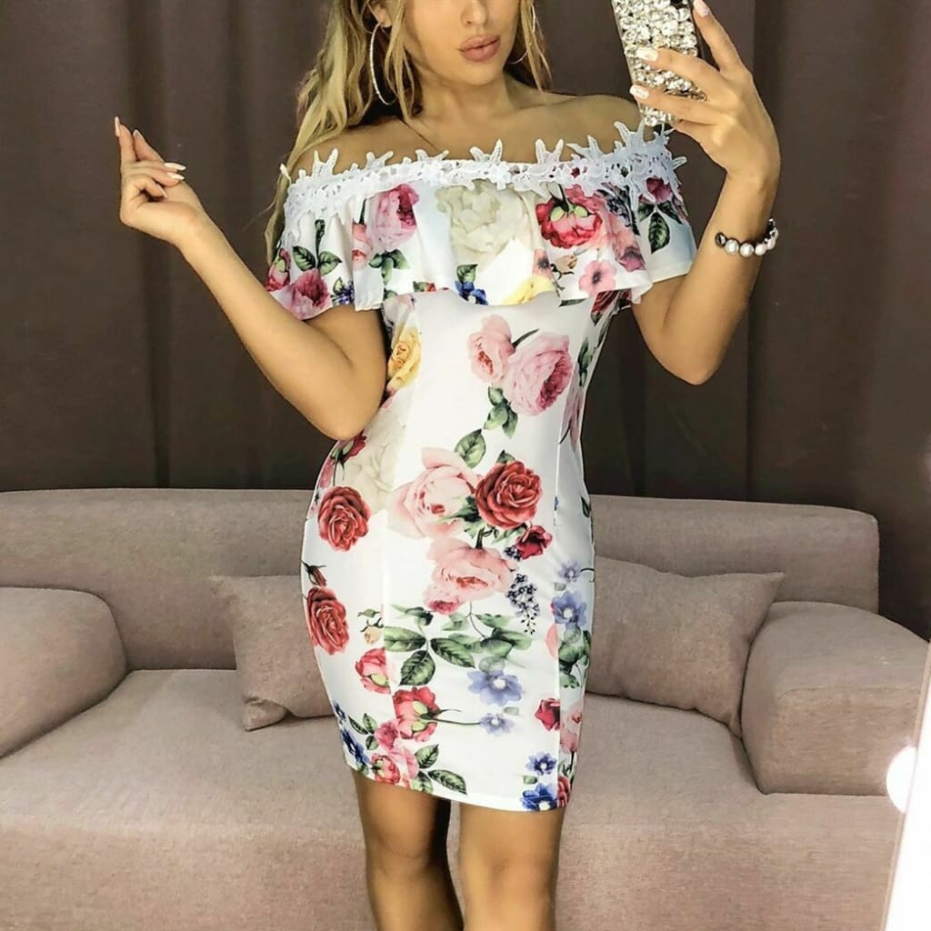 New Fashion Women Dresses Floral Print Off Shoulder Dress Ruffles Slash neck Sexy Summer Beach Bodycon Mini Sundress