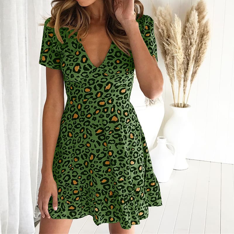 Women Leopard Print Sexy V Neck Dress New Fashion Ladies Summer Beach Short Mini Dress Sundress Casual Short Sleeve Party Dress