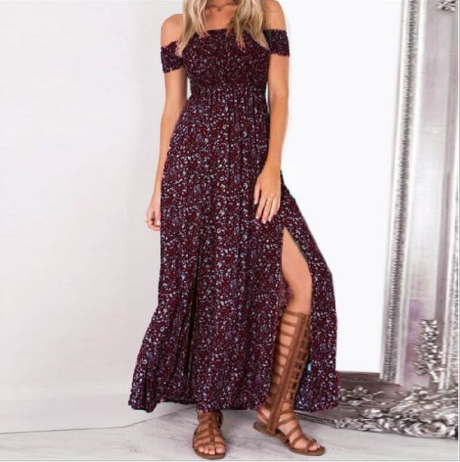 New Fashion Women Boho Off shoulder High Waist Short Sleeve Maxi Dress Ladeis Summer Floral Beach Casual Long Sundress