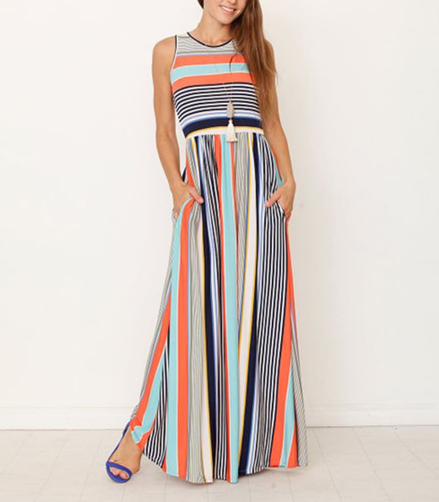 Women Ladies Boho Stripe Bodycon Sleeveless Maxi Dress Pocket High Waist Summer Beach Dress Sundress New