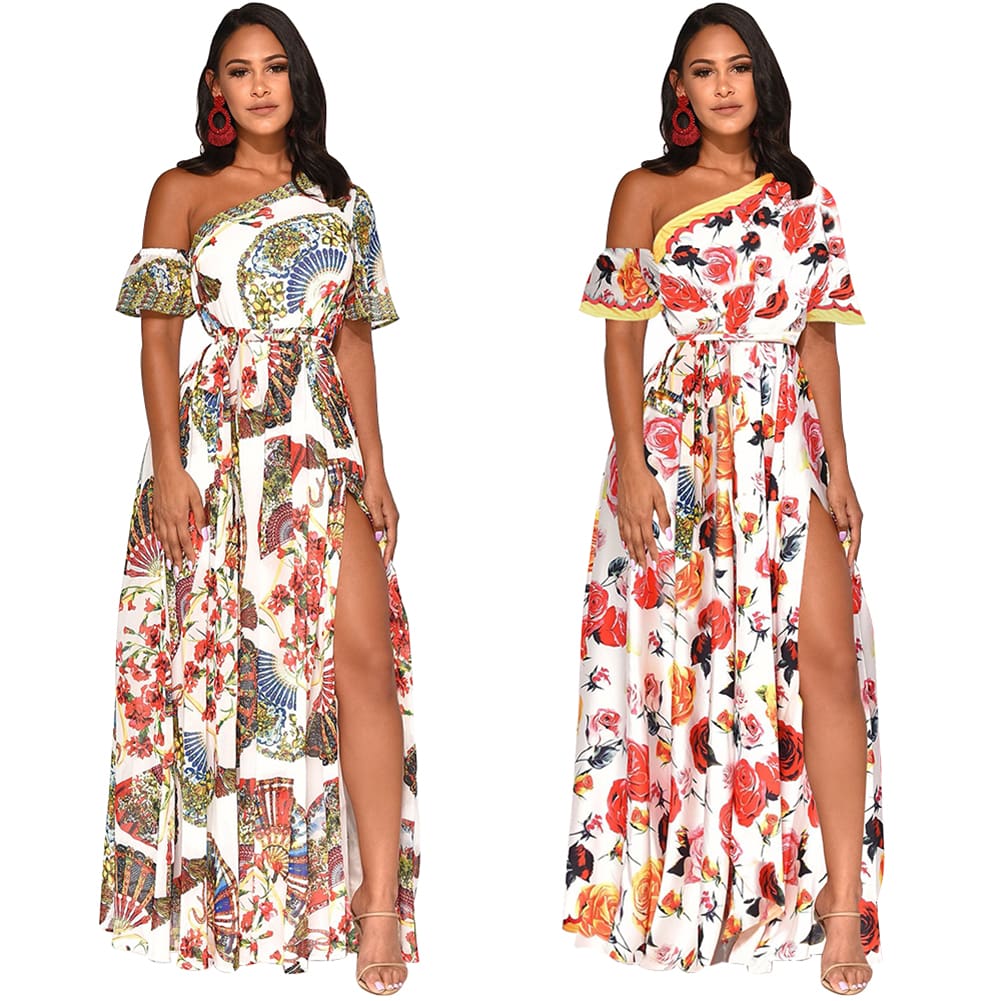 Womens Boho Maxi Dress Fashion Ladies Casual One Shoulder Floral Holiday Summer Beach Evening Party Long Sundress