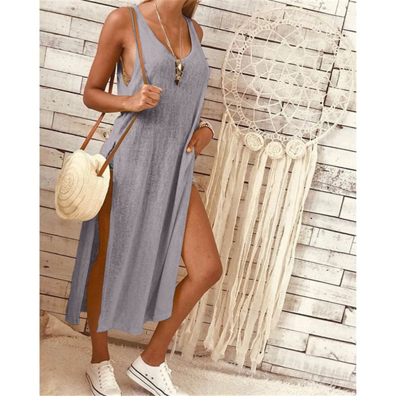 Summer Womens Solid Color Split Sleeveless V-Neck Loose Casual Party Bohemian Dress Holiday Beach Sundress