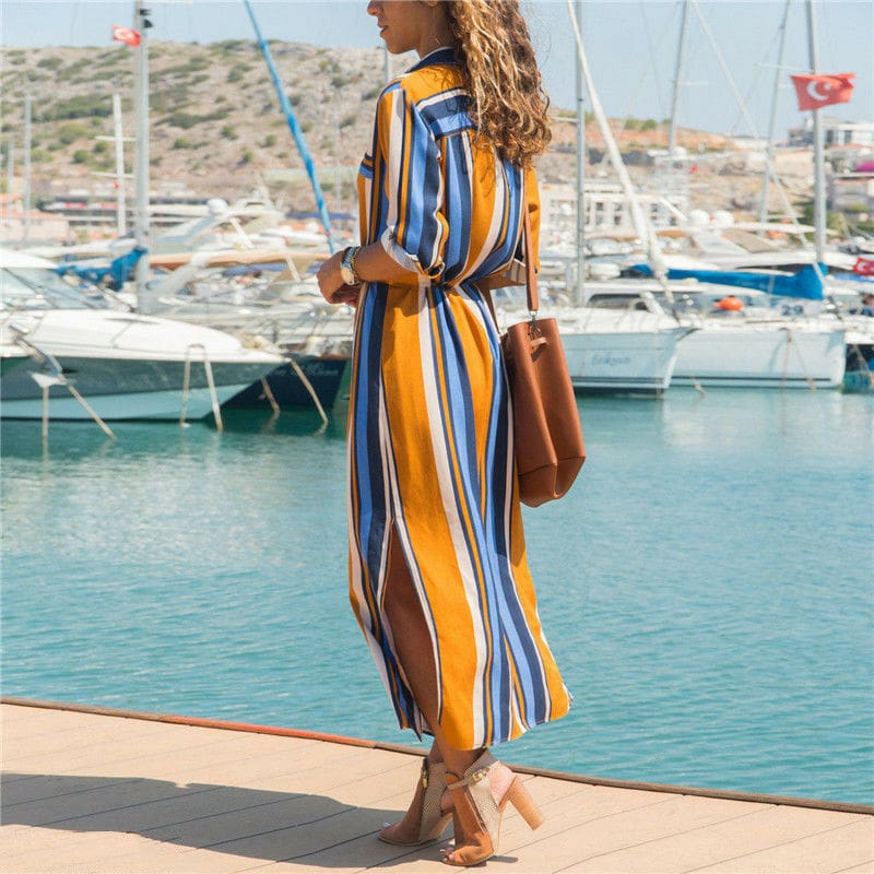 New Spring Womens arrival Stripe T-Shirt High waist Casual Beach style Loose Shirt Long Dress