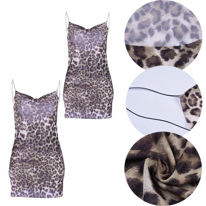 Women Fashion Leopard Print Slip Dress Summer Holiday Beach Bodycon Party Strappy Backless Mini Dresses Sundress