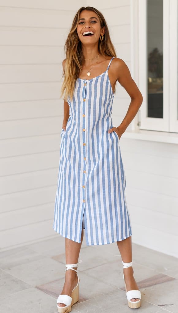 Women Holiday Strappy Button Stripe Dress New Fashion Summer Ladies Beach Casual Sleeveless High Waist Sun Dress Hot