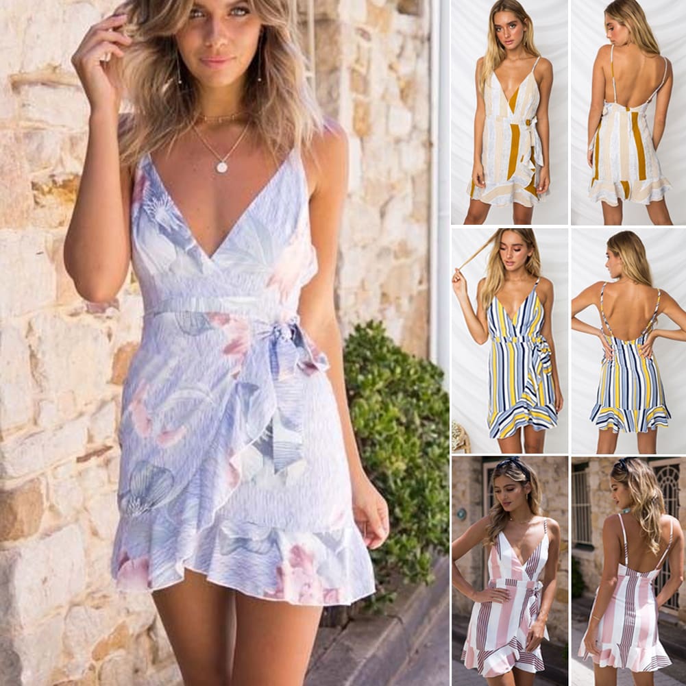 Women Boho Floral V-Neck Wrap Mini Dress Fashion Ladies Summer Holiday Party Sundress Casual Sleeveless Slim Dress