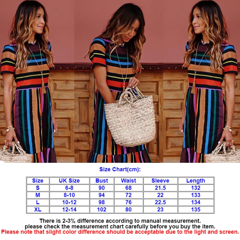 Summer Holiday Dress Women Stripe Boho Short Sleeve Long Maxi Dress New Ladies Casual Beach Sundress