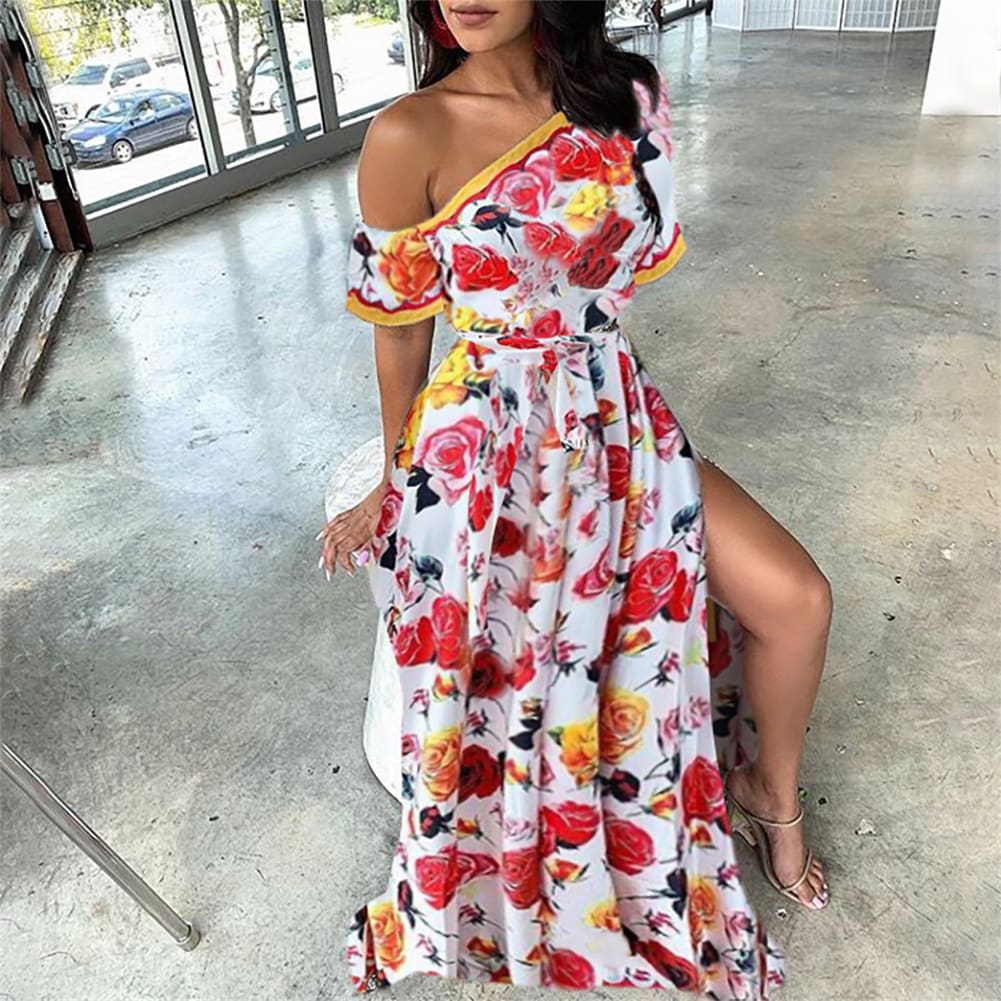 Womens Boho Maxi Dress Fashion Ladies Casual One Shoulder Floral Holiday Summer Beach Evening Party Long Sundress