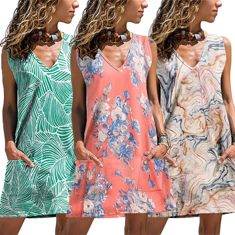 New Women Casual Loose Tunic Floral Dress Ladies Casual Beach Swing Strappy Cami Pocket Summer Party Dress Sundress