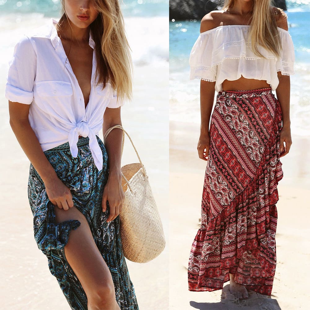 Women Ladies Casual Boho Tribal Floral Skirt Female Summer Beachwear Party Casual Long Maxi Skirt Sundress