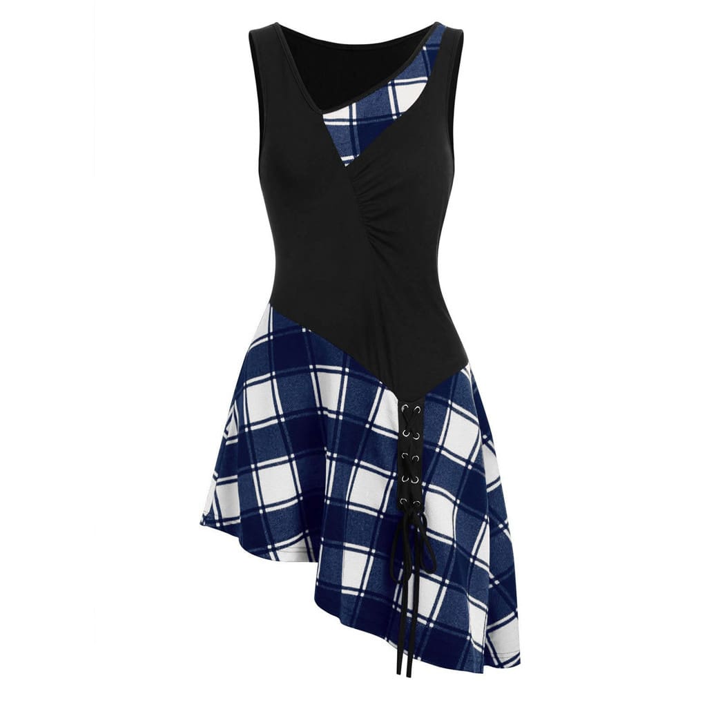 Women Lace Up Tartan Checked Plaid Print Asymmetrical Dress