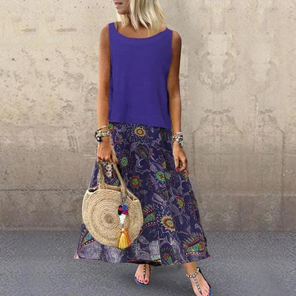 Plus Size Bohemian Women 2 Pcs Casual Set Summer Sleeveless T-shirt Tee Top + Floral Dress Skirt Beach Holiday Suit