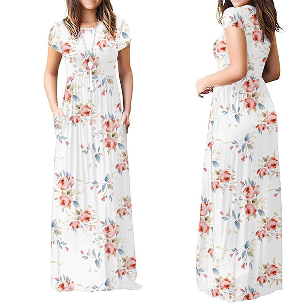 Summer Short Sleeve Long Dress Floral Print Boho Beach Dress Tunic Maxi Dress