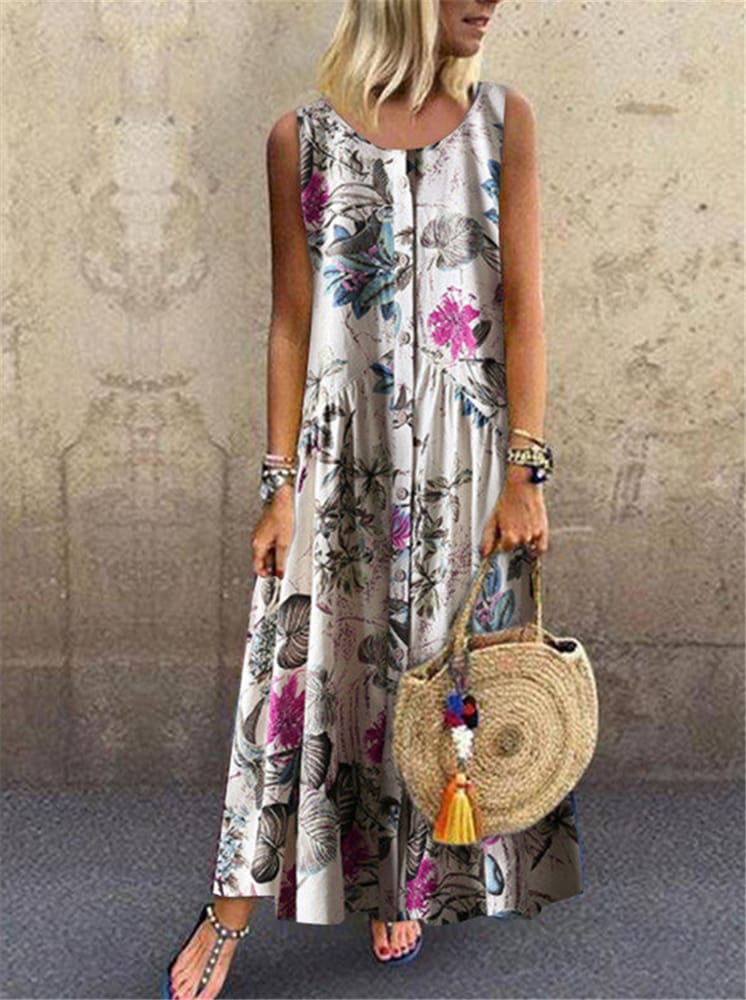 New Womens Boho Dress Sleeveless Summer Floral Printed Beach Ladies Casual Loose Long Shirt Beach Sundress