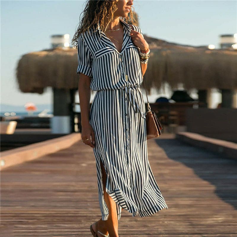 New Spring Womens arrival Stripe T-Shirt High waist Casual Beach style Loose Shirt Long Dress