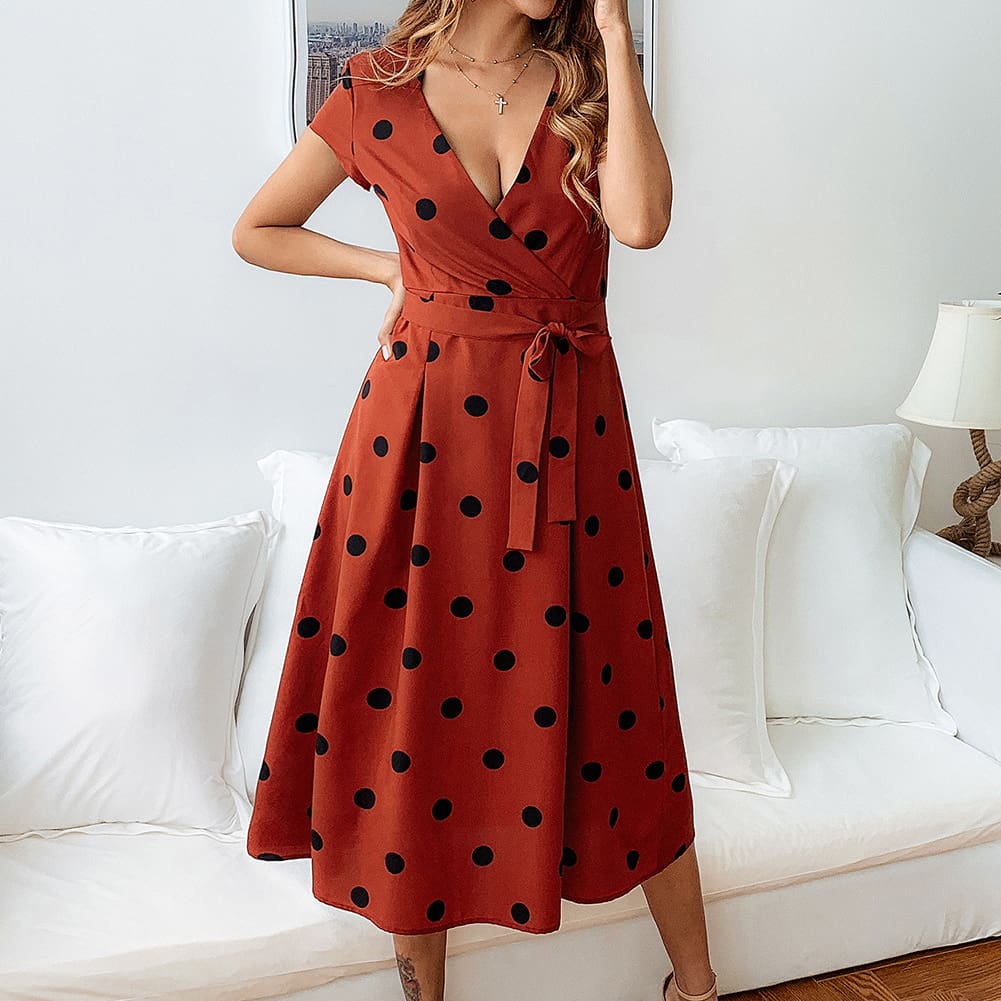 Women Polka Dot Midi Dress Fashion Ladies Boho Short Sleeve V Neck Summer Beach Party Casual Long Sundress