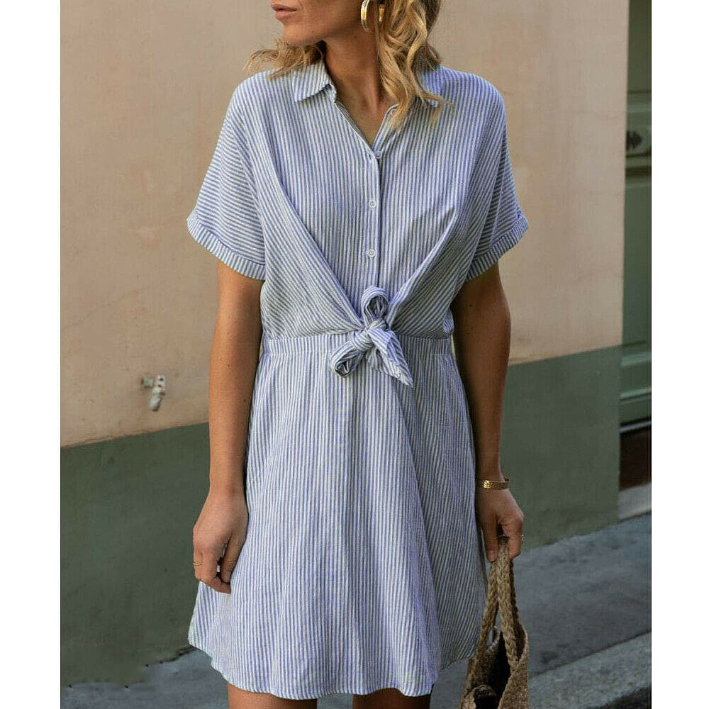 New Women Short Sleeve Button Bandage Dress Summer Ladies V Neck Belted Casual Beach Party Striped Sundress