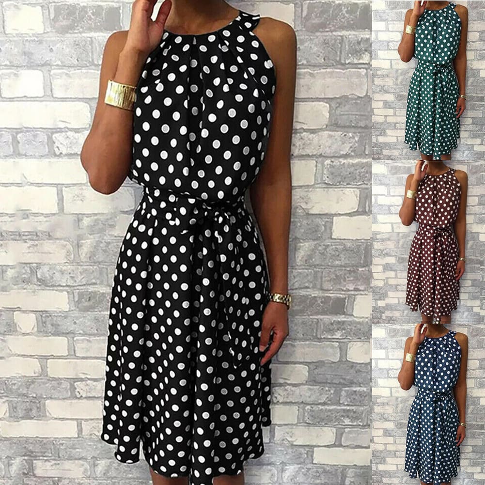 Women Sleeveless Polka Dot Midi Dress 2024 Fashion Ladies Summer Beach Casual Bandage Belt Dress Sundress