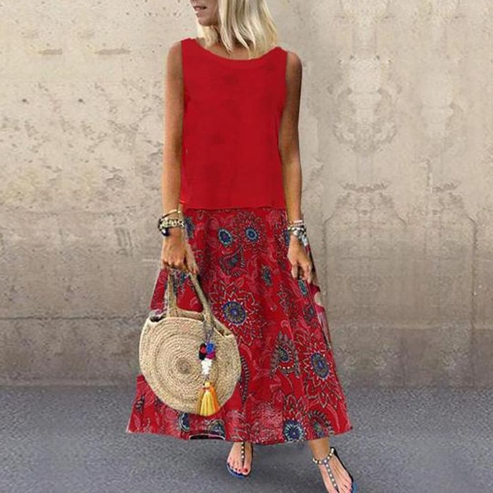 Plus Size Bohemian Women 2 Pcs Casual Set Summer Sleeveless T-shirt Tee Top + Floral Dress Skirt Beach Holiday Suit