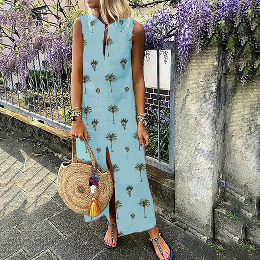 Women Boho Long Maxi Dress Fashion Ladies Sleeveless Summer Beach Floral Dress Casual Holiday Dresses Sundress