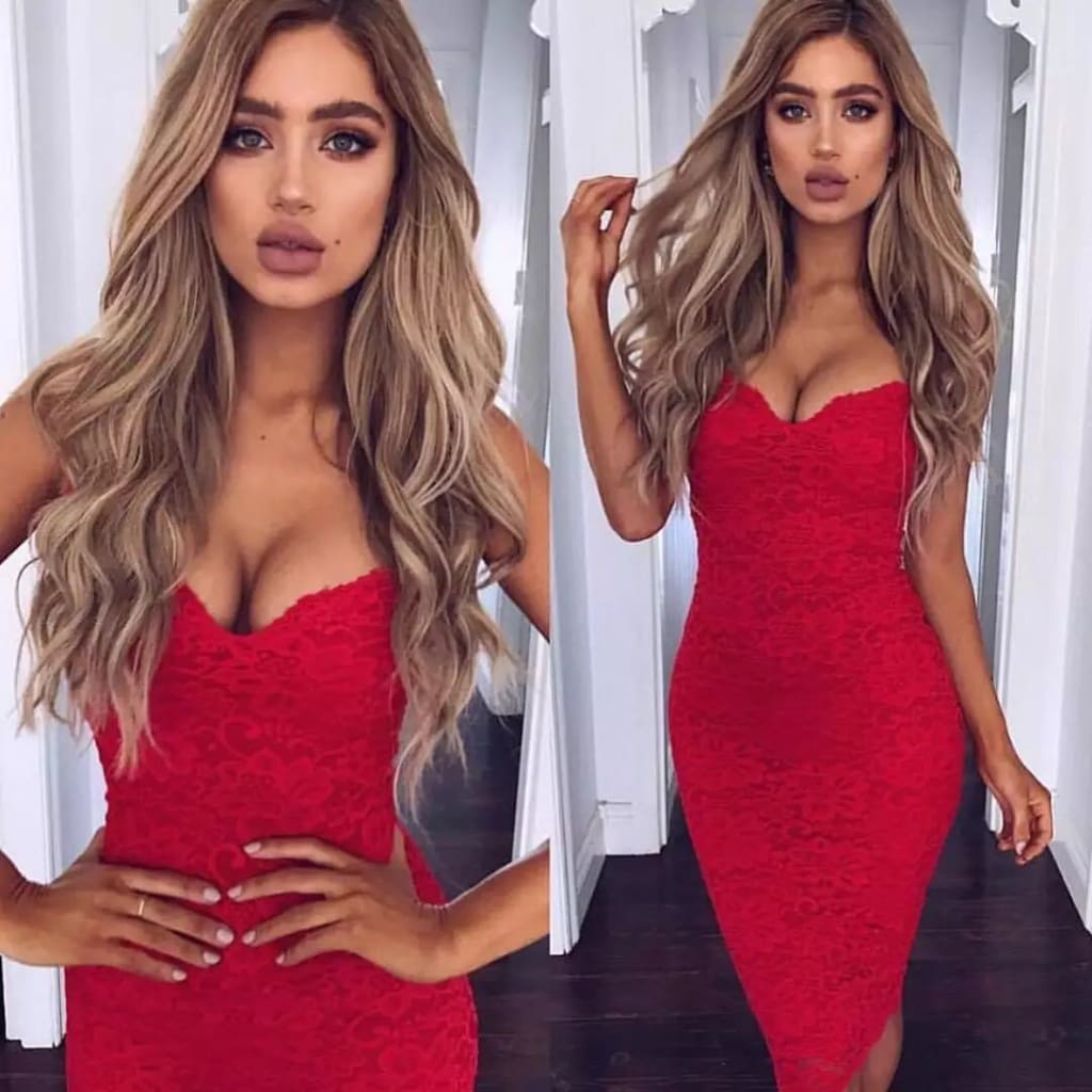 Women Summer Lace Elegant Party Bodycon Dress Ladies V-Neck Spaghetti Strap Knee-Length Womens Formal Dress