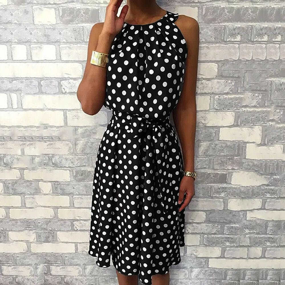 Women Sleeveless Polka Dot Midi Dress 2023 Fashion Ladies Summer Beach Casual Bandage Belt Dress Sundress