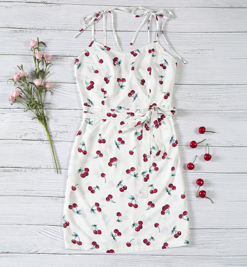 New Women Cherry Print Bandage Bodycon Slim Dress Sexy Ladies Sleeveless Summer Party Beach Short Sundress