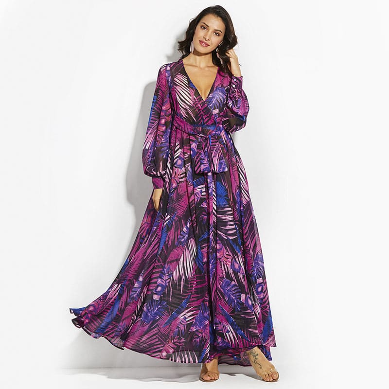 Vintage Women Boho Floral V-Neck Long Maxi Dress Summer Beach Elegant Ladies Casual Long Sleeve Holiday Party Sundress