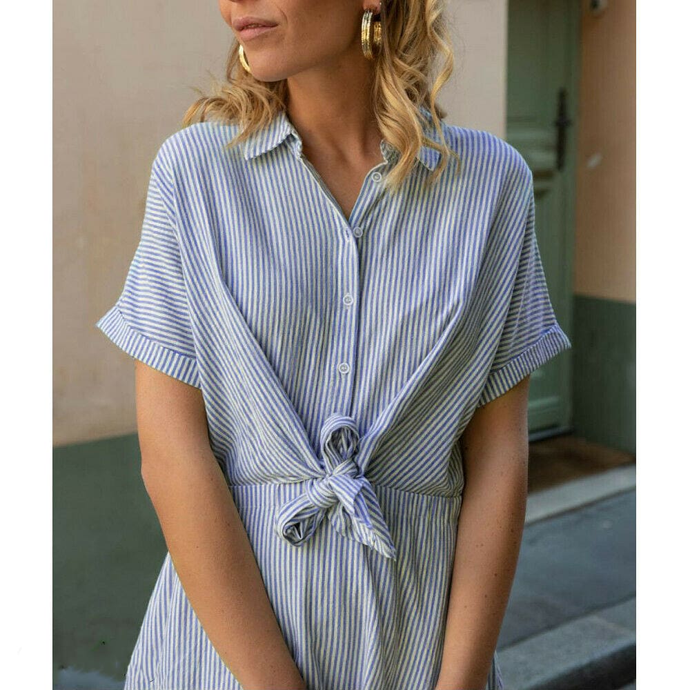 New Women Short Sleeve Button Bandage Dress Summer Ladies V Neck Belted Casual Beach Party Striped Sundress