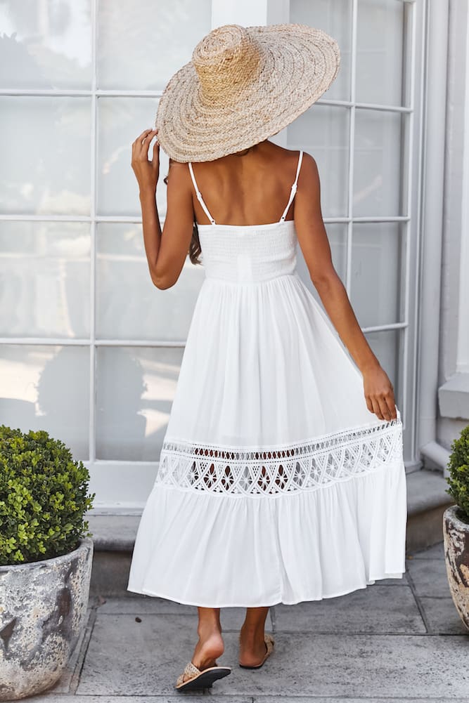 High Waist Women Summer Vintage Sleeveless V-Neck Boho Long Dress Party Beach Holiday Dress Floral Sundress Casual White