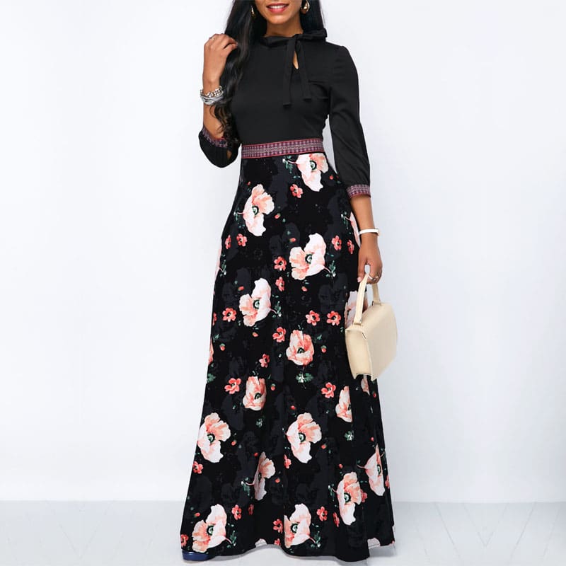 Women Long Maxi Dresses Boho Floral Hollow Neck Three Quarter Sleeve Ethnic Summer Beach Female Stylish Style Dress