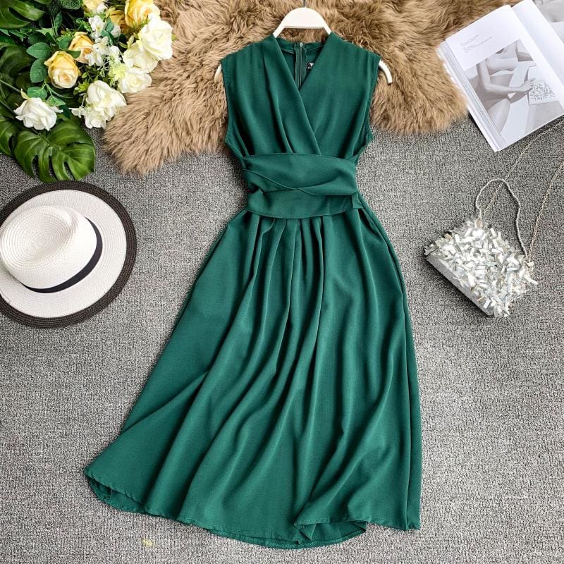 V-Neck Sleeveless Dresses French Chic Cross Drawstring Slim Waist