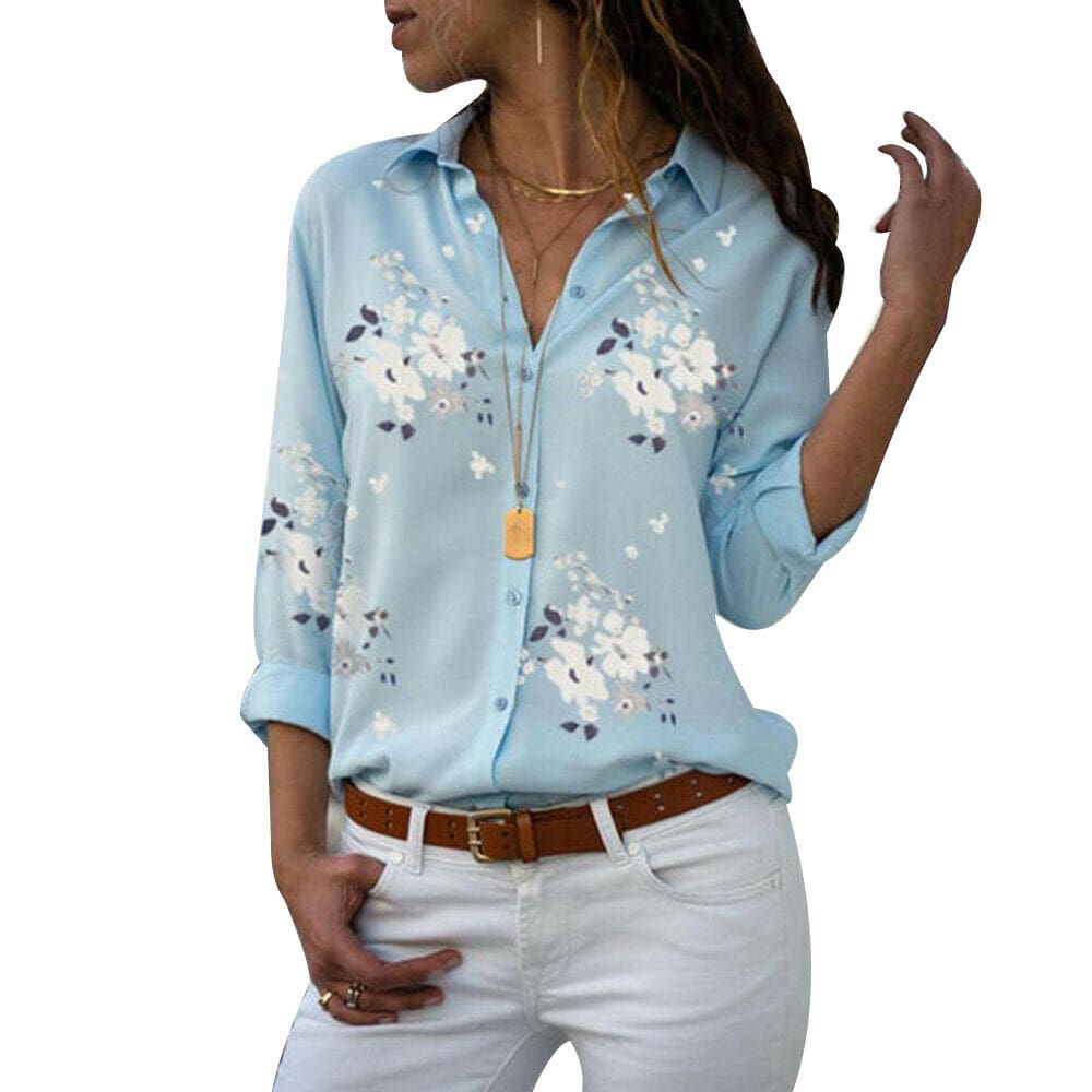 Plus Size Women's Summer Floral Long Sleeve Button V-Neck Shirts Ladies ...
