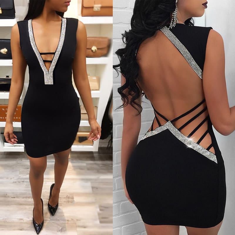 Women Deep V- Neck Sequin Bandage Bodycon Dress Summer Sexy Ladies Backless Party Short Slim Fit Mini Dresses