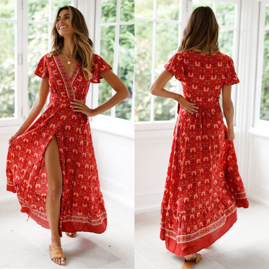 Women High Waist Summer Boho Floral Print Short Sleeve Beach Dress New Fashion Ladies V-Neck Long Dress Sundress